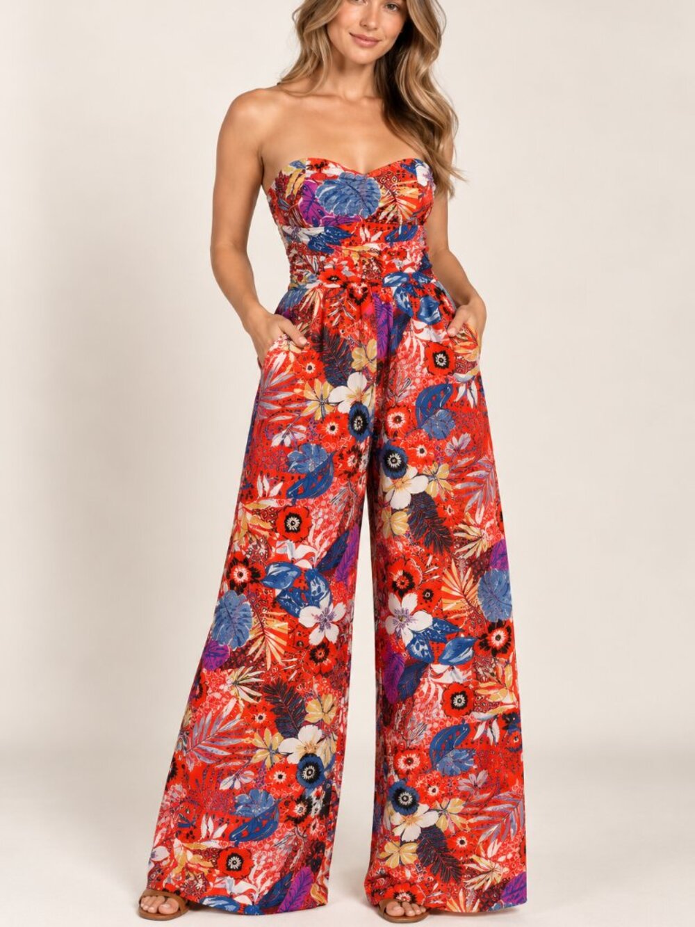 B.O.G Collection Strapless Tropical Floral Wide Leg Jumpsuit — Size Small